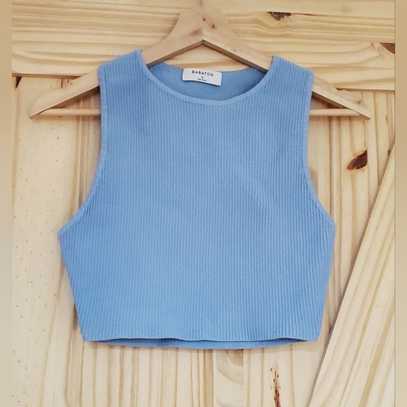 Aritzia Babaton Size M Light Blue Sculpt Knit Racer Cropped Tank - Picture 1 of 7